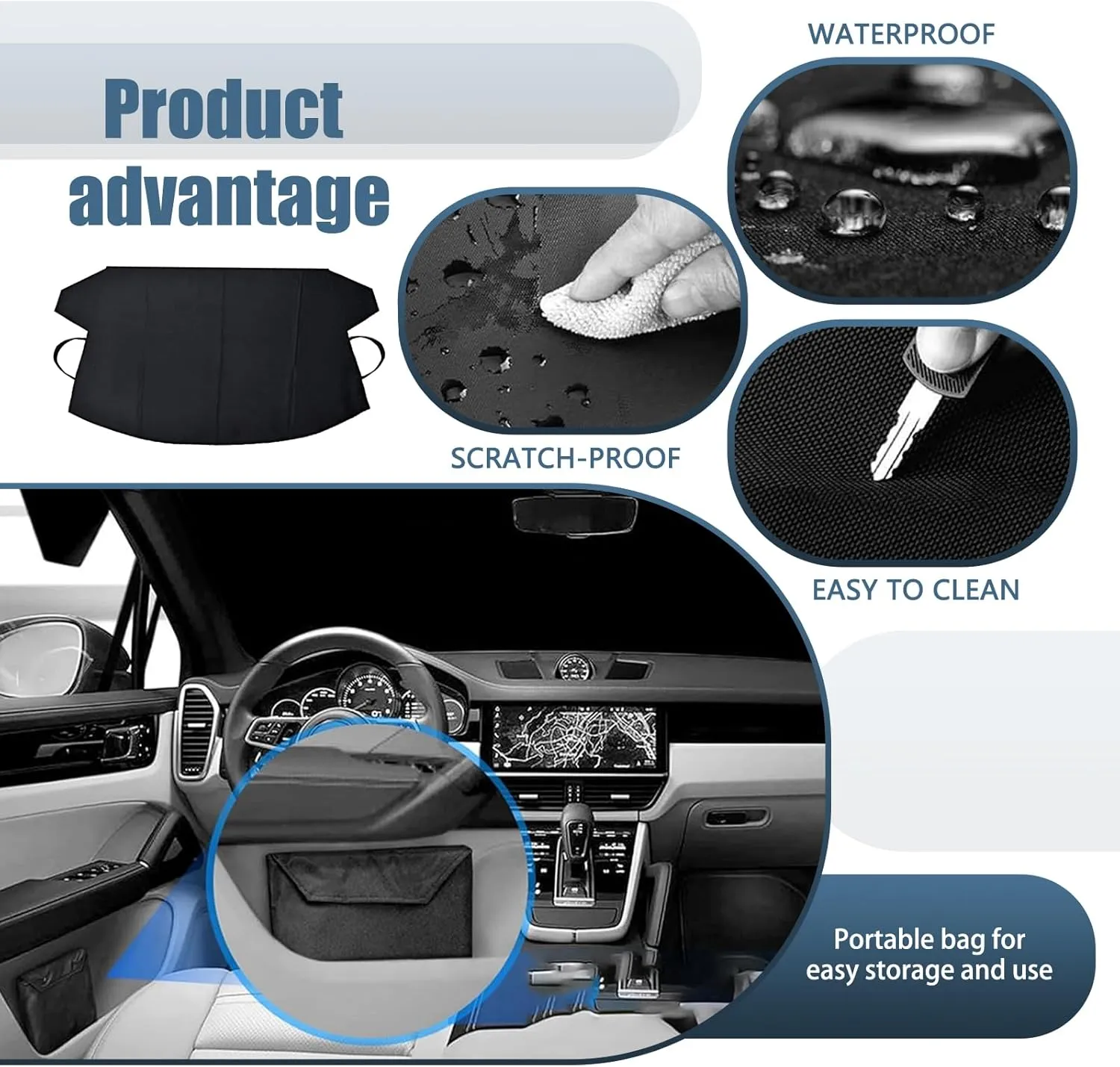 1 PC Car Windshield Snow Shield Cover, 75" x 42.25" 600D Thick Oxford Fabric Car Windshield Cover, Waterproof and Antifreeze Window Protector, Universal for Most Cars (Black)