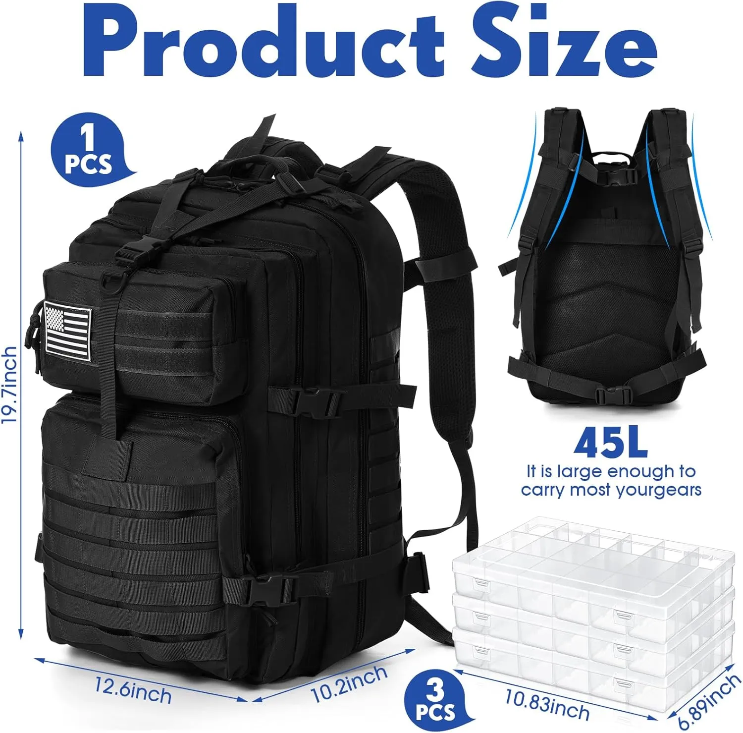 1 Pcs Fishing Tackle Backpack with 3 Pcs Tackle Boxes 45L Fishing Backpack Outdoor Storage Gear and Equipment Bag(Black)