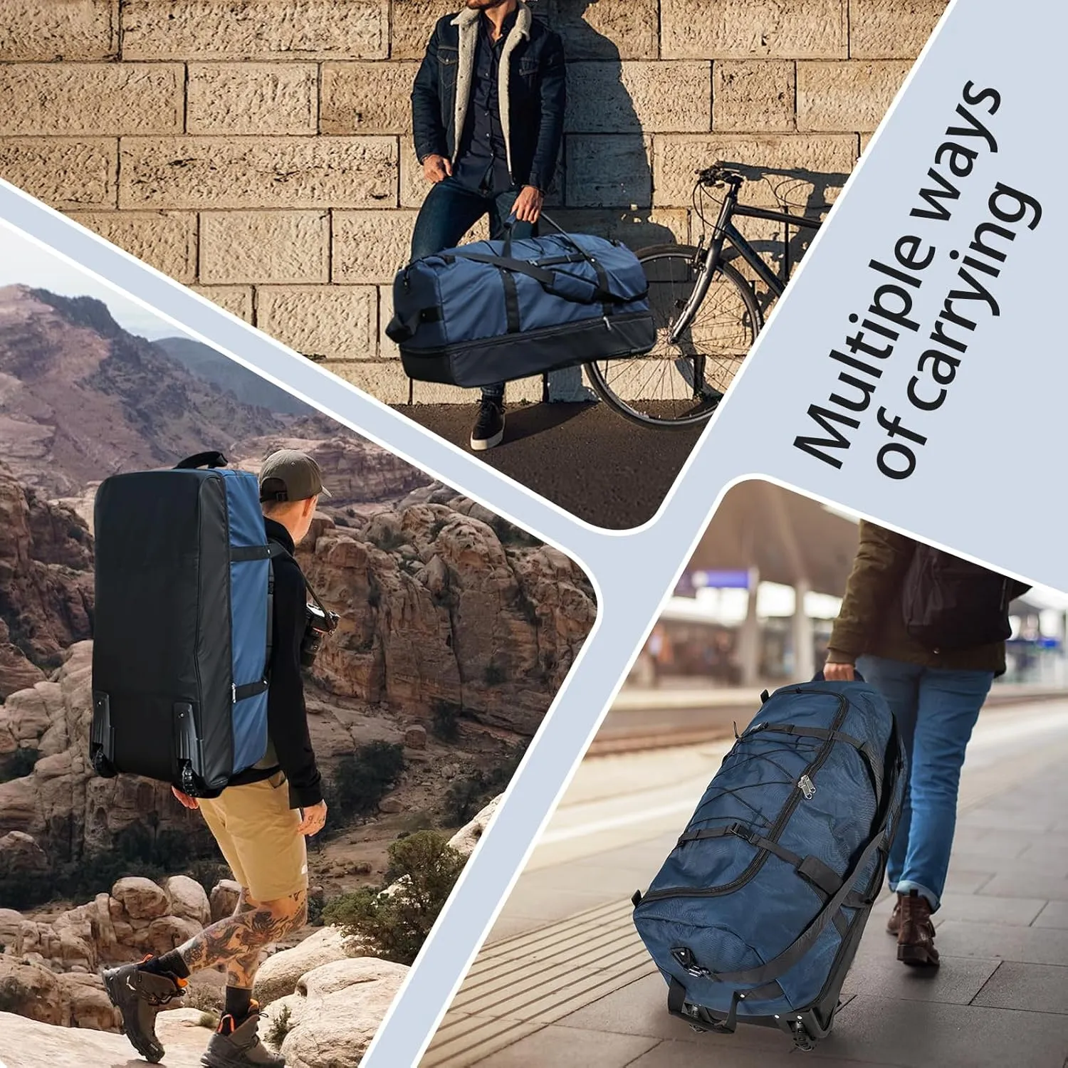 110L Expandable to 140L 32” Foldable Oxford Soft-Sided Rolling Duffle Bag with 2 Heavy-Duty Wheels,3 Large Compartments,Adjustable Shoulder Strap and Attached Organizer Pouch,Navy Blue