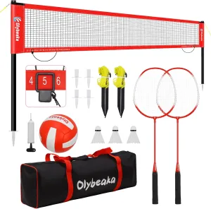 20ft Outdoor Volleyball & Badminton Combo Net Set for Backyard Beach with Adjustable Poles, Durable Anti-Sag Net, PU Volleyball, 2 Aluminum Rackets
