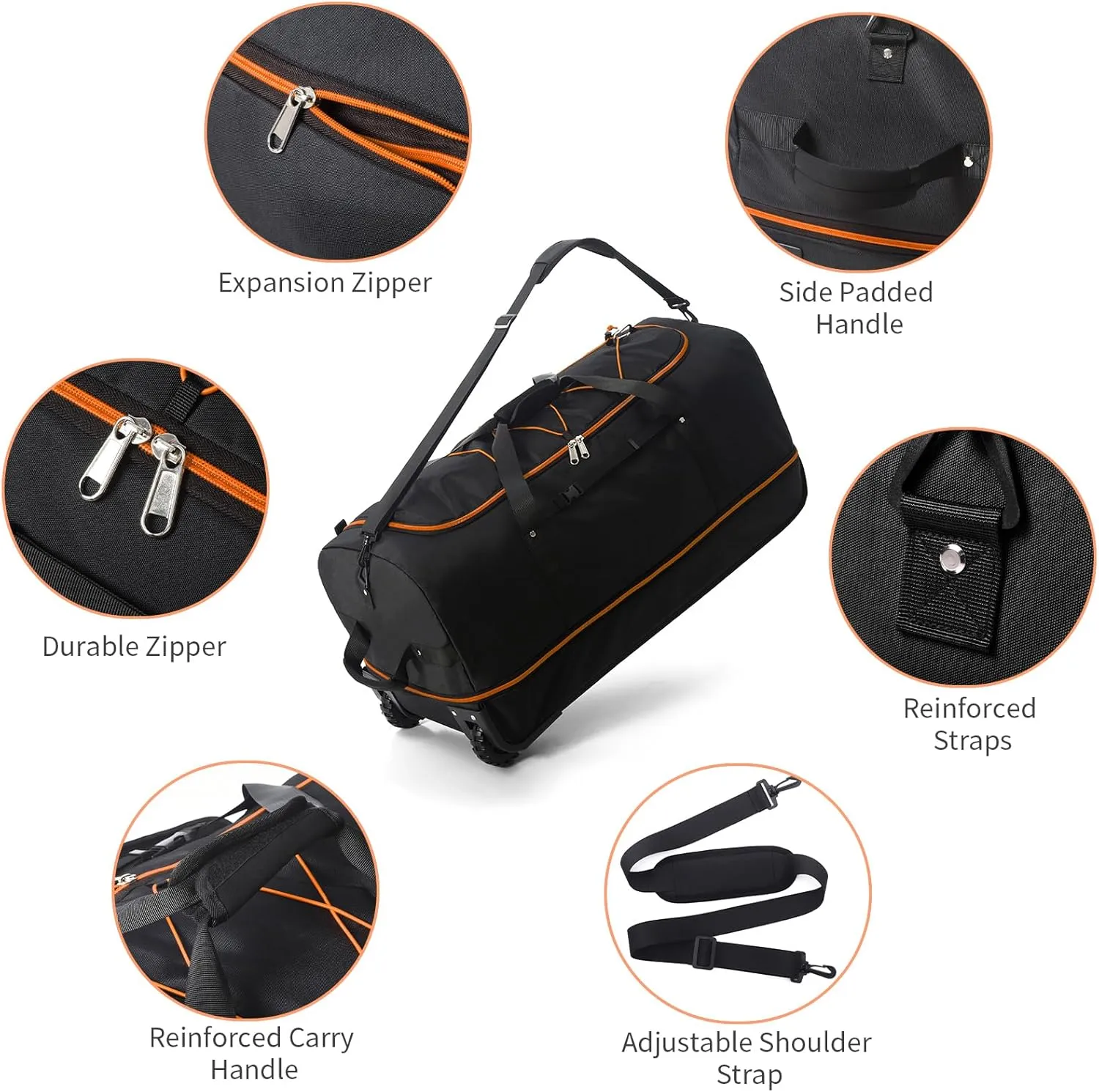 32” Soft Sided Foldable Duffel Bag without Telescopic Handle,110L 140L Expandable Rolling Travel Bag with 2 Wheels,Multiple Compartments,Black Orange