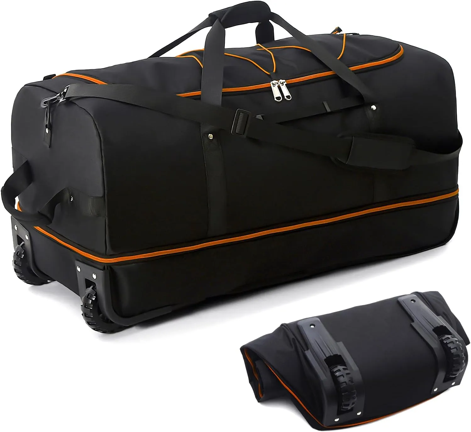 32” Soft Sided Foldable Duffel Bag without Telescopic Handle,110L 140L Expandable Rolling Travel Bag with 2 Wheels,Multiple Compartments,Black Orange