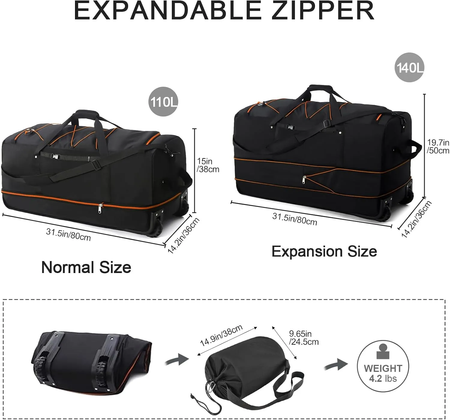 32” Soft Sided Foldable Duffel Bag without Telescopic Handle,110L 140L Expandable Rolling Travel Bag with 2 Wheels,Multiple Compartments,Black Orange