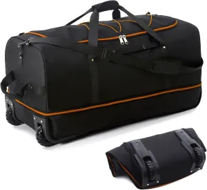 32” Soft Sided Foldable Duffel Bag without Telescopic Handle,110L 140L Expandable Rolling Travel Bag with 2 Wheels,Multiple Compartments,Black Orange