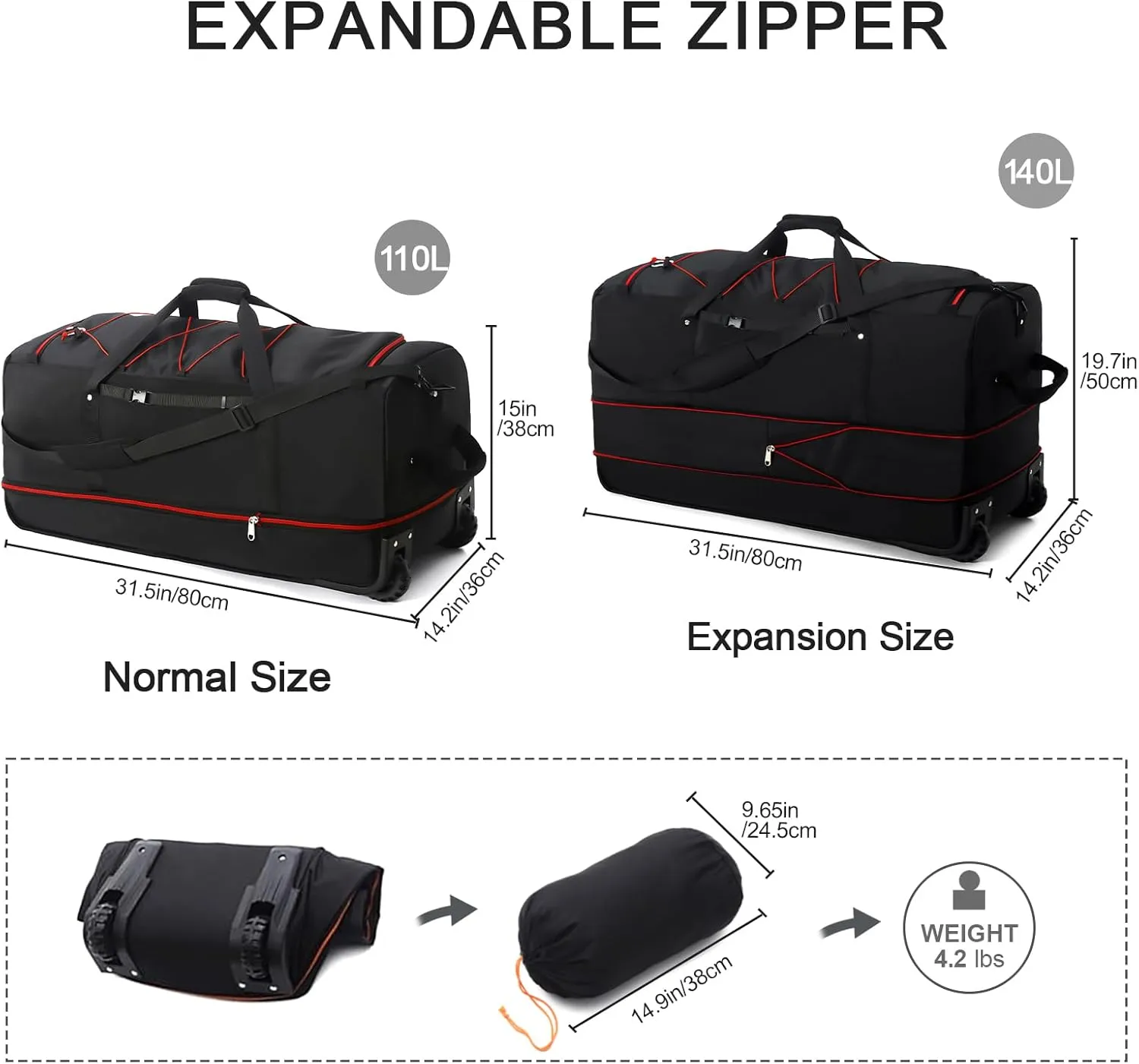 32” Soft Sided Foldable Duffel Bag without Telescopic Handle,110L 140L Expandable Rolling Travel Bag with 2 Wheels,Multiple Compartments,Black Red