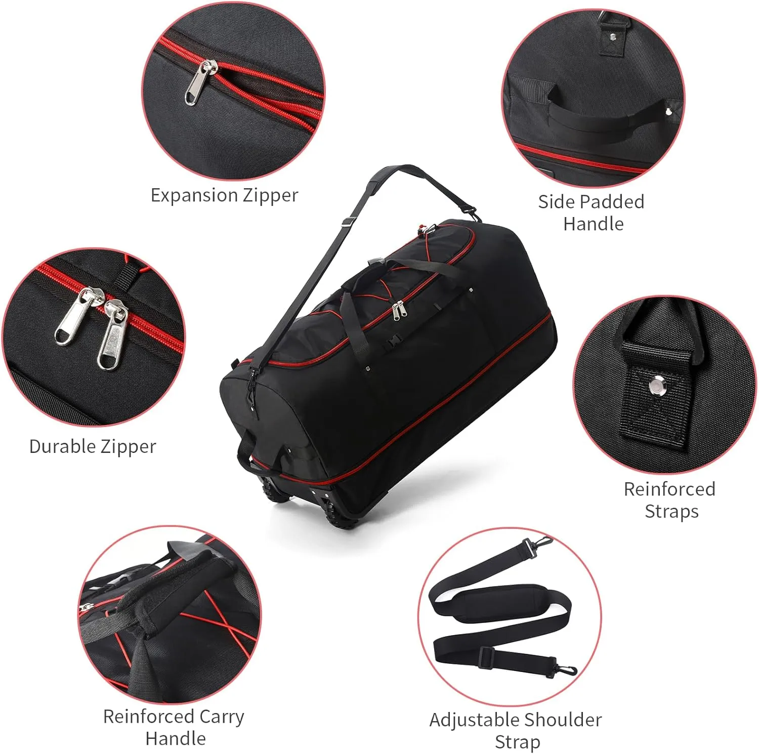 32” Soft Sided Foldable Duffel Bag without Telescopic Handle,110L 140L Expandable Rolling Travel Bag with 2 Wheels,Multiple Compartments,Black Red