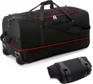32” Soft Sided Foldable Duffel Bag without Telescopic Handle,110L 140L Expandable Rolling Travel Bag with 2 Wheels,Multiple Compartments,Black Red