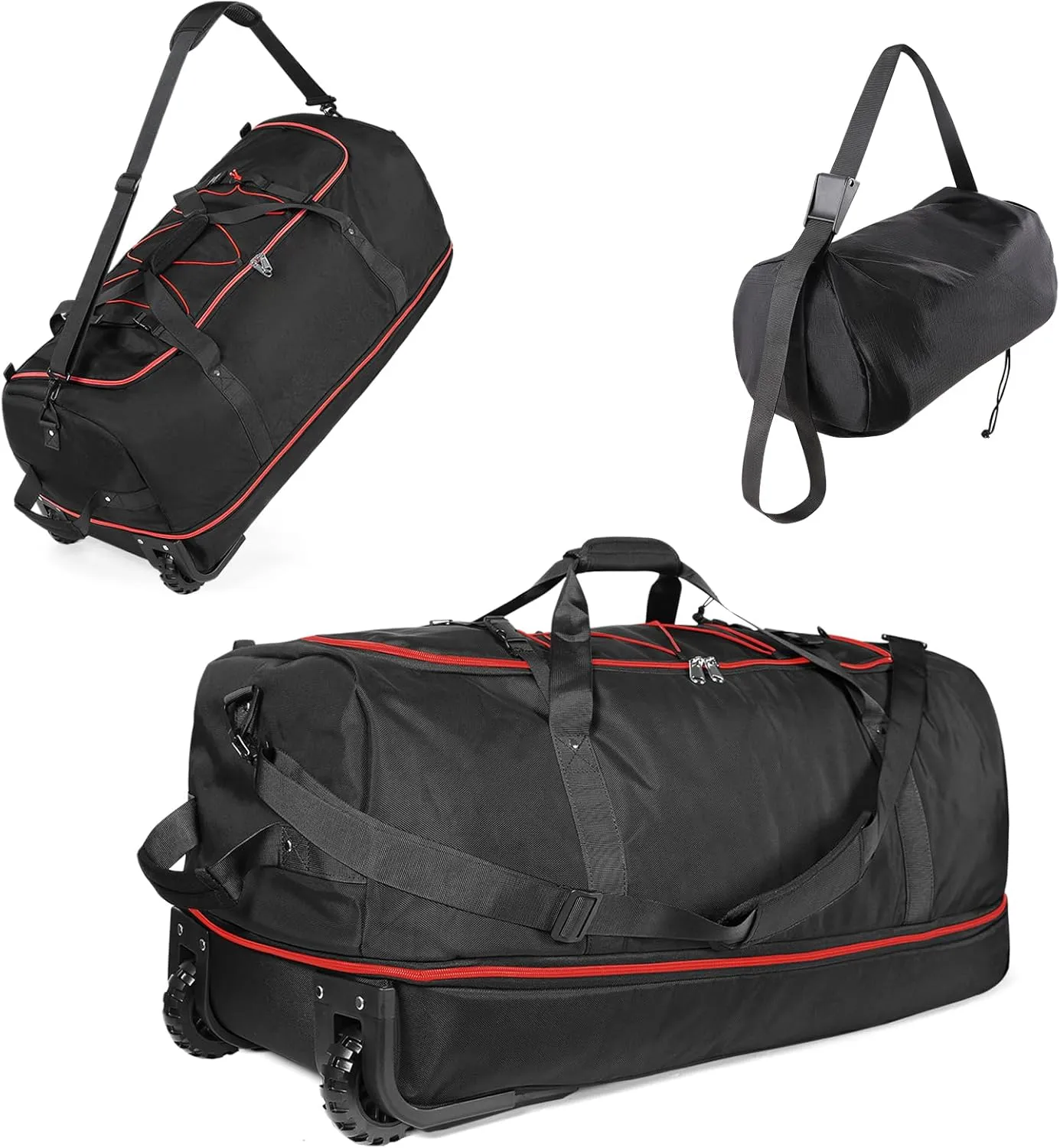 32" Soft-Sided Foldable Wheeled Duffle Bag, 110L Expandable 140L Rolling Travel Bag with Matching Storage Pouch, Updated Black-Red