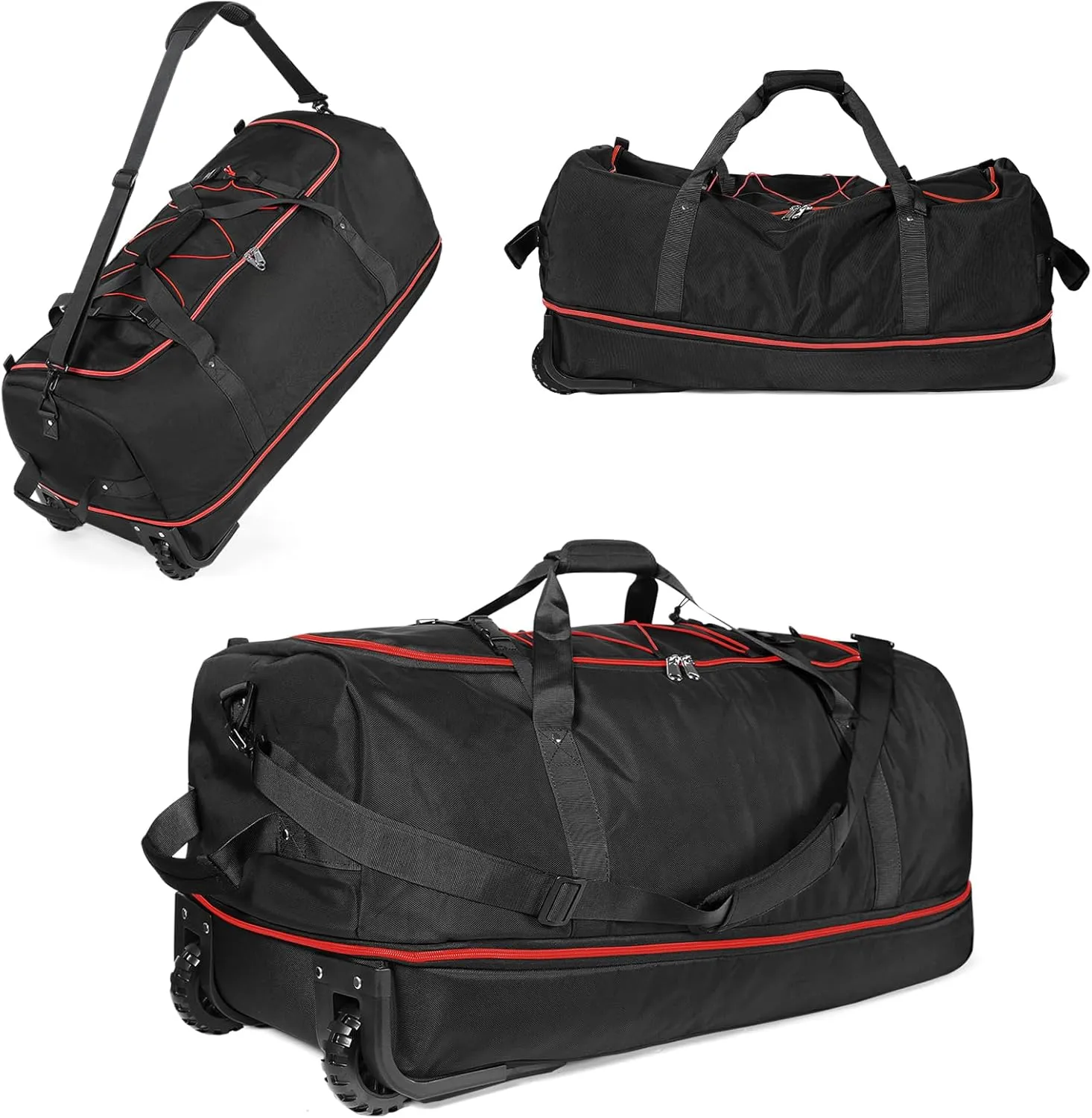 32" Soft-Sided Foldable Wheeled Duffle Bag, 110L Expandable 140L Rolling Travel Bag with Matching Storage Pouch, Updated Black-Red