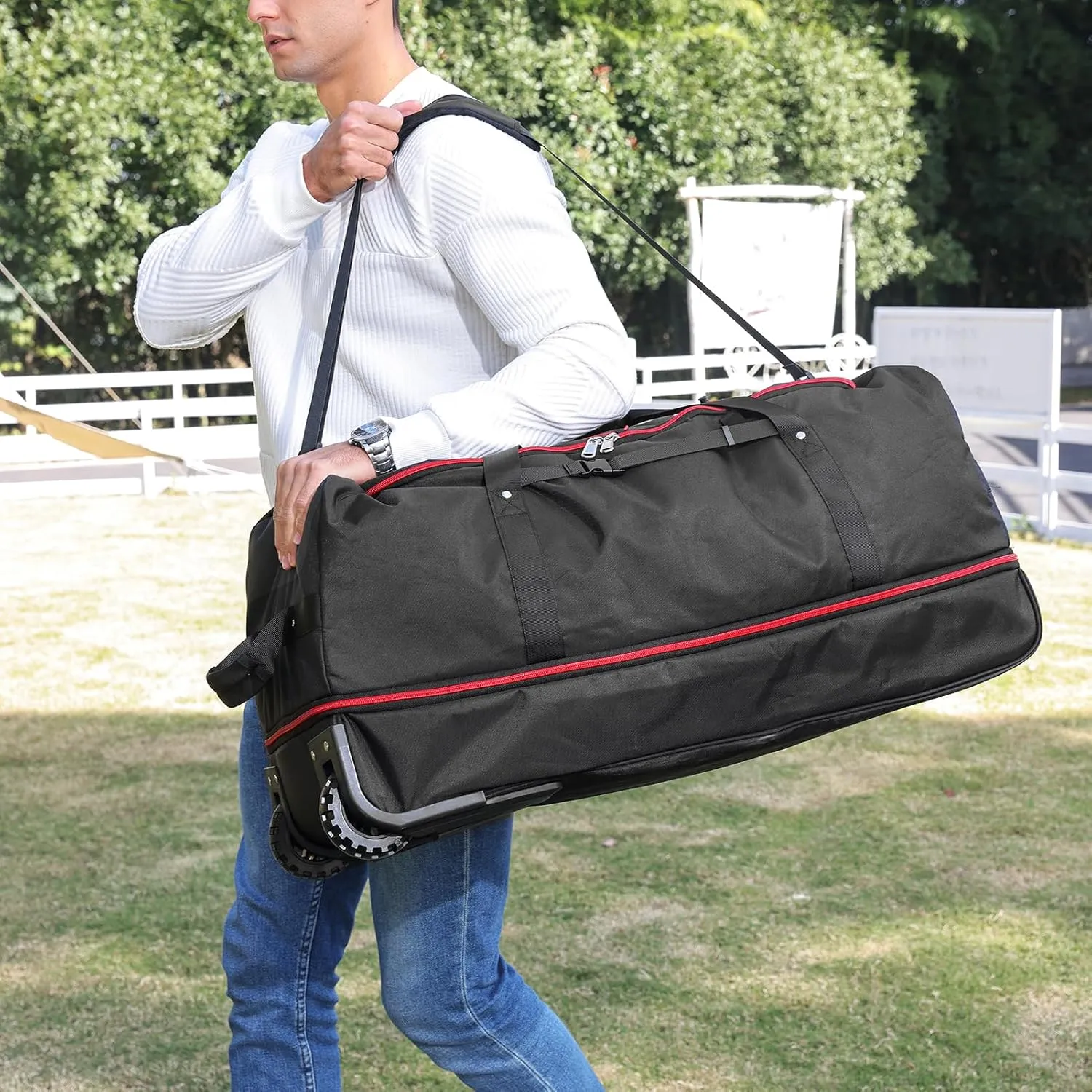 32" Soft-Sided Foldable Wheeled Duffle Bag, 110L Expandable 140L Rolling Travel Bag with Matching Storage Pouch, Updated Black-Red