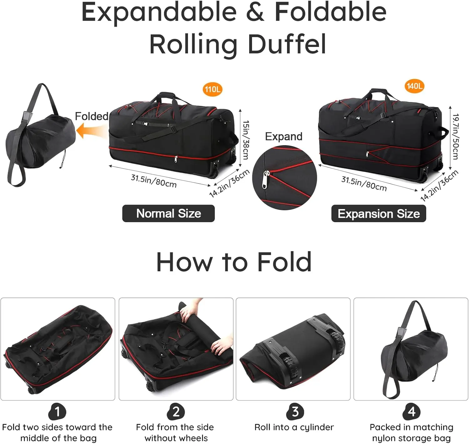 32" Soft-Sided Foldable Wheeled Duffle Bag, 110L Expandable 140L Rolling Travel Bag with Matching Storage Pouch, Updated Black-Red