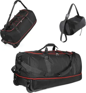 32" Soft-Sided Foldable Wheeled Duffle Bag, 110L Expandable 140L Rolling Travel Bag with Matching Storage Pouch, Updated Black-Red