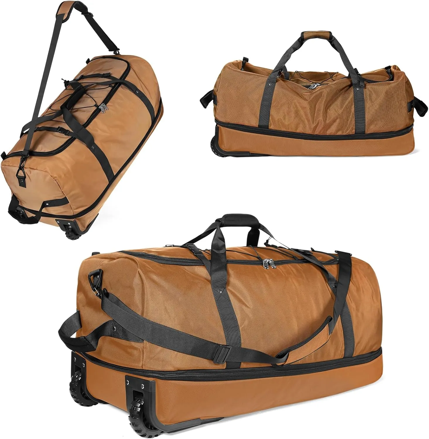 32" Soft-Sided Foldable Wheeled Duffle Bag, 110L Expandable 140L Rolling Travel Bag with Matching Storage Pouch, Updated Brown