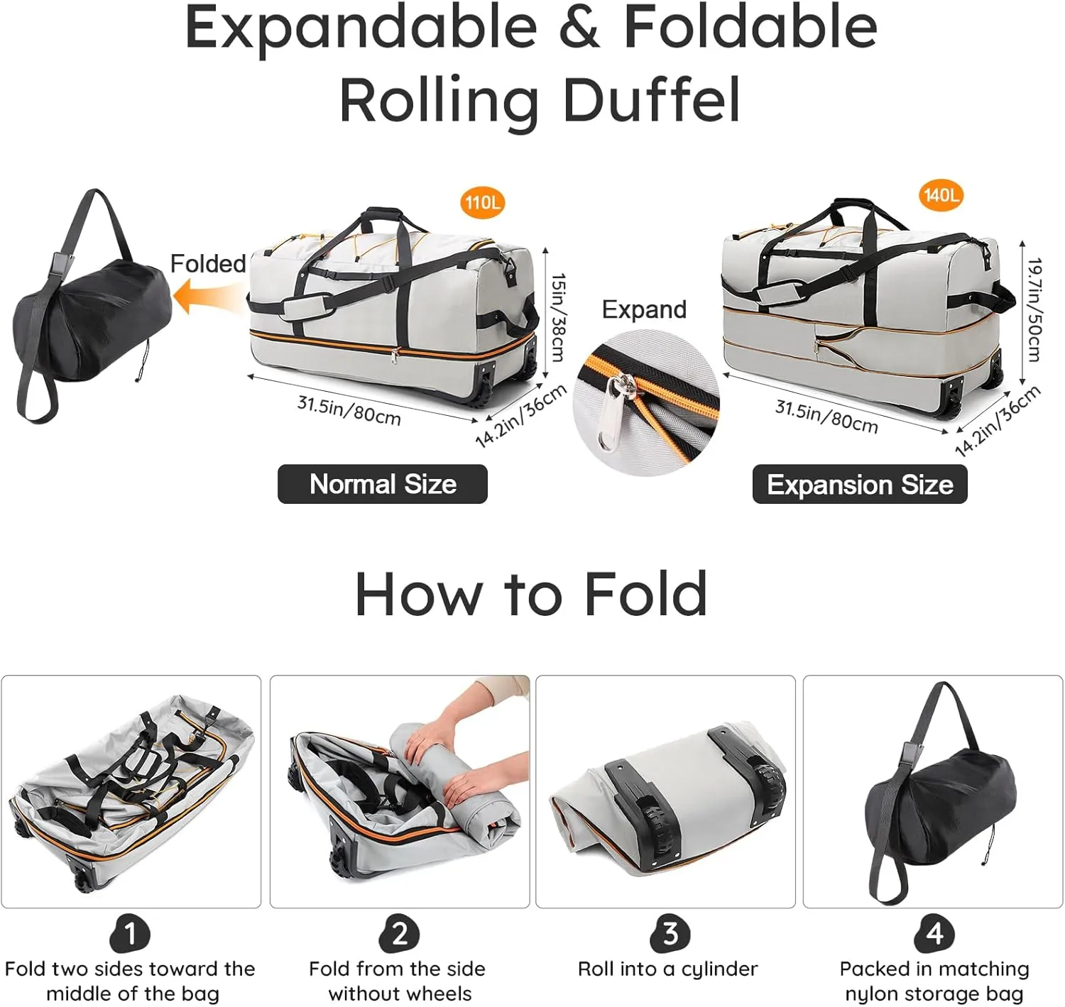 32" Soft-Sided Foldable Wheeled Duffle Bag, 110L Expandable 140L Rolling Travel Bag with Matching Storage Pouch, Updated Gray