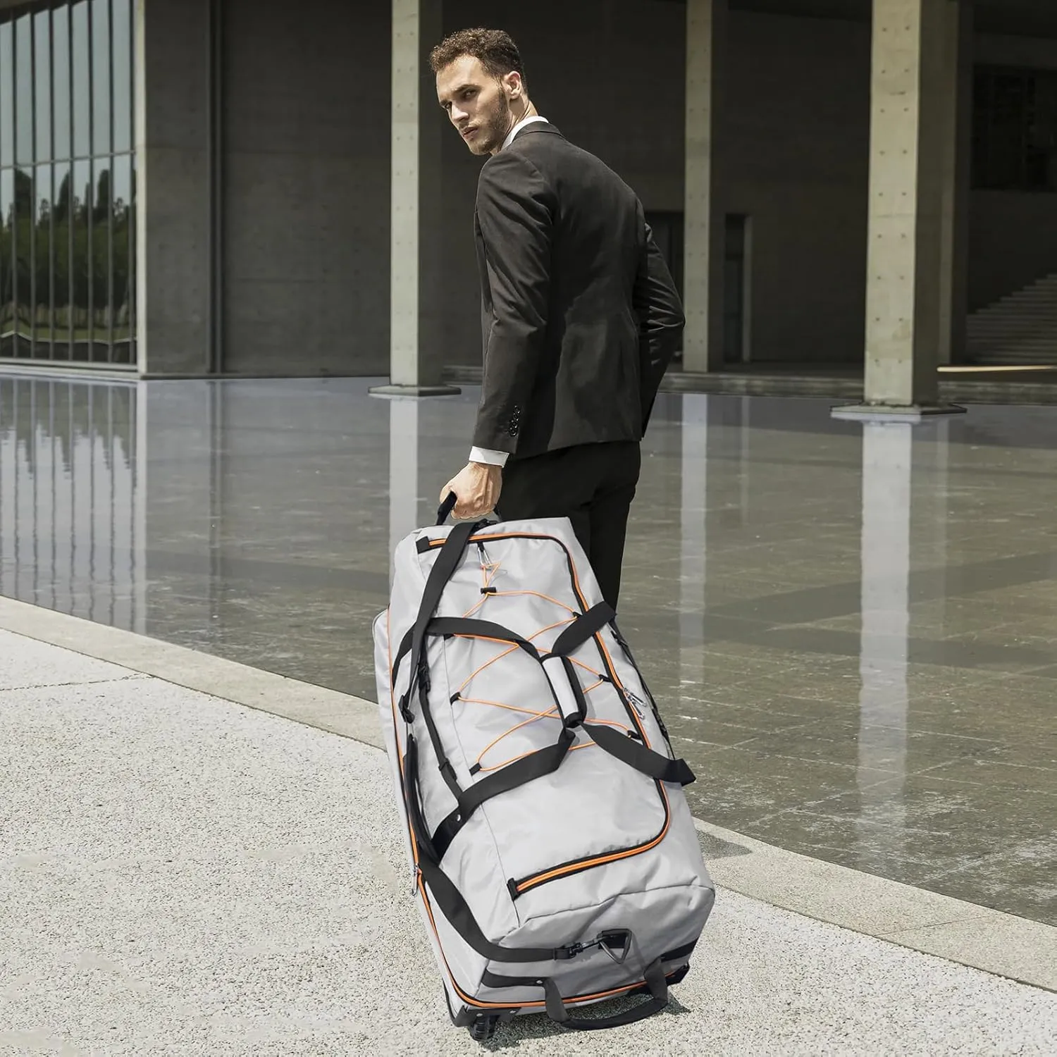 32" Soft-Sided Foldable Wheeled Duffle Bag, 110L Expandable 140L Rolling Travel Bag with Matching Storage Pouch, Updated Gray