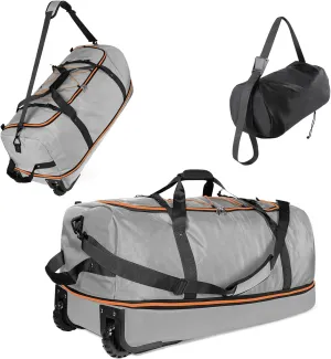 32" Soft-Sided Foldable Wheeled Duffle Bag, 110L Expandable 140L Rolling Travel Bag with Matching Storage Pouch, Updated Gray