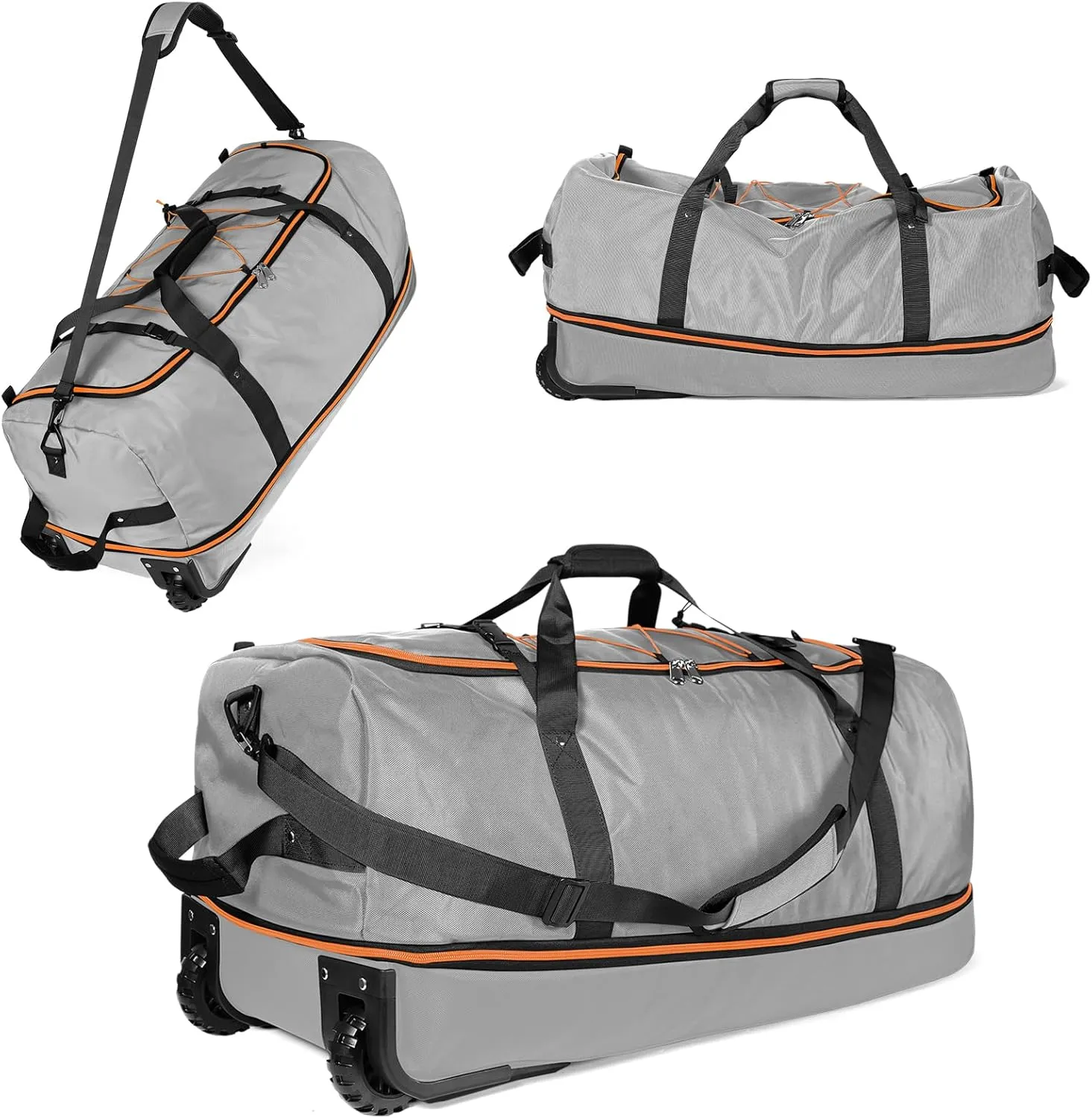 32" Soft-Sided Foldable Wheeled Duffle Bag, 110L Expandable 140L Rolling Travel Bag with Matching Storage Pouch, Updated Gray