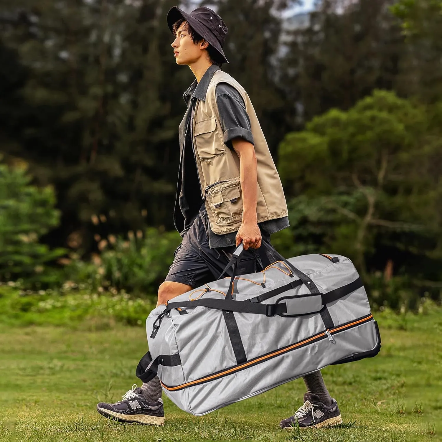 32" Soft-Sided Foldable Wheeled Duffle Bag, 110L Expandable 140L Rolling Travel Bag with Matching Storage Pouch, Updated Gray
