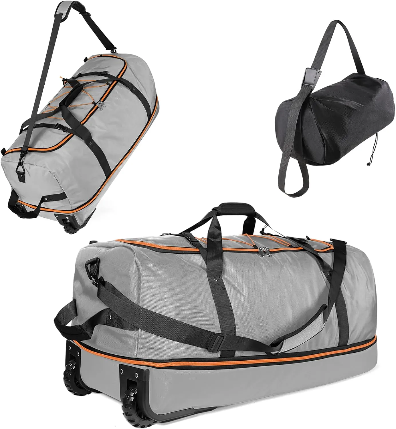 32" Soft-Sided Foldable Wheeled Duffle Bag, 110L Expandable 140L Rolling Travel Bag with Matching Storage Pouch, Updated Gray