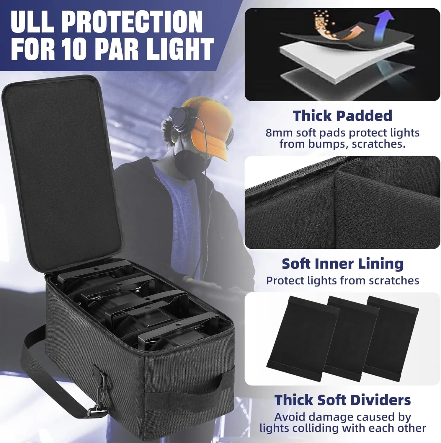 4 Par Light Bag Soft Padded, Stage Lighting Spotlight Case with Removable Dividers & Shoudler-strap & Handle, Par Lights Bag with Large Pocket