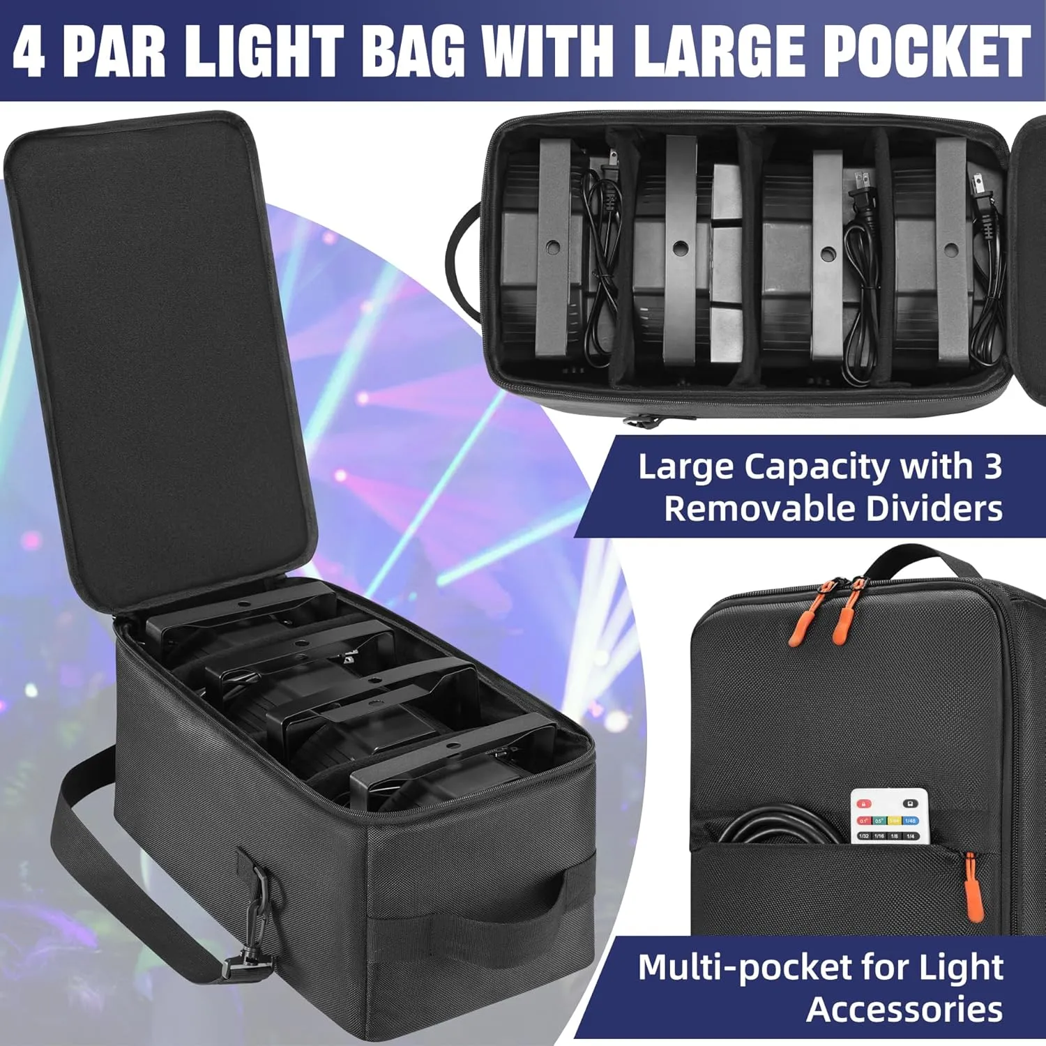 4 Par Light Bag Soft Padded, Stage Lighting Spotlight Case with Removable Dividers & Shoudler-strap & Handle, Par Lights Bag with Large Pocket