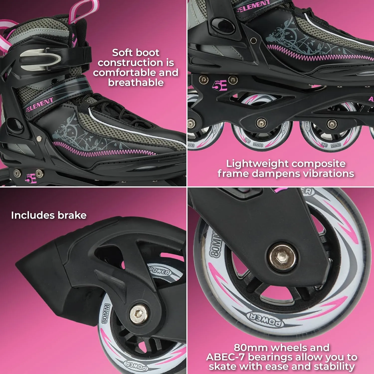 5th Element Lynx Inline Skates for Women with Adjustable Strap, 80mm Wheels, and Soft Boot | Inline Skates Perfect for Roller Derby, Roller Hockey, and Fitness Skating