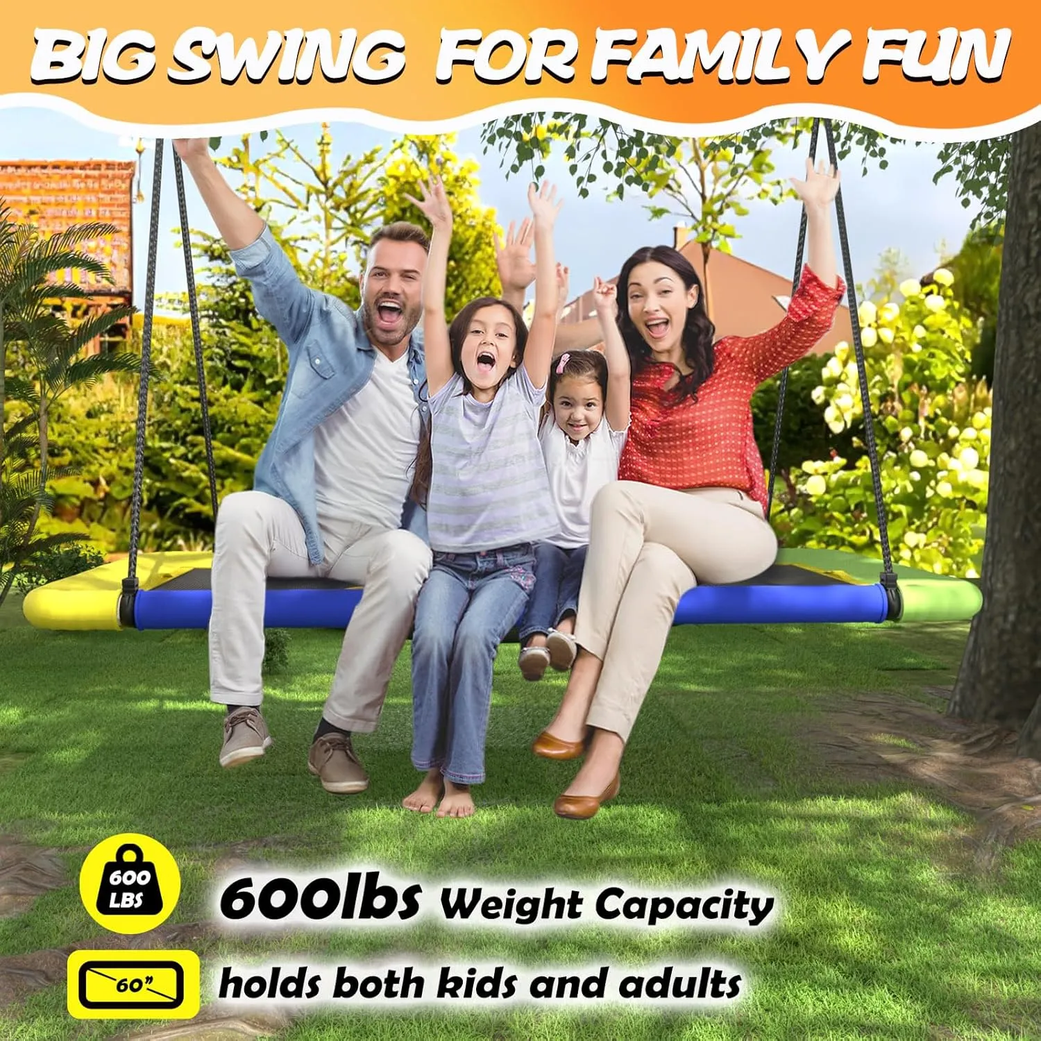 60'' Rectangle Platform Tree Swing for Kids and Adults, Giant Flying Swing with Adjustable Hanging Strap, Waterproof Textilene Fabric Tear & UV Resistant, Swings Set for Backyard Garden