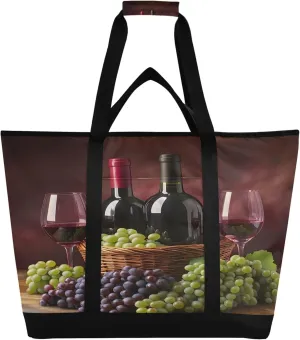 A Bottle of Red Wine Reusable Insulated Cooler Bag with Ice Pack Compartment - Large 47L Waterproof Thermal Grocery Tote for Picnic Beach Camping Lunch Storage