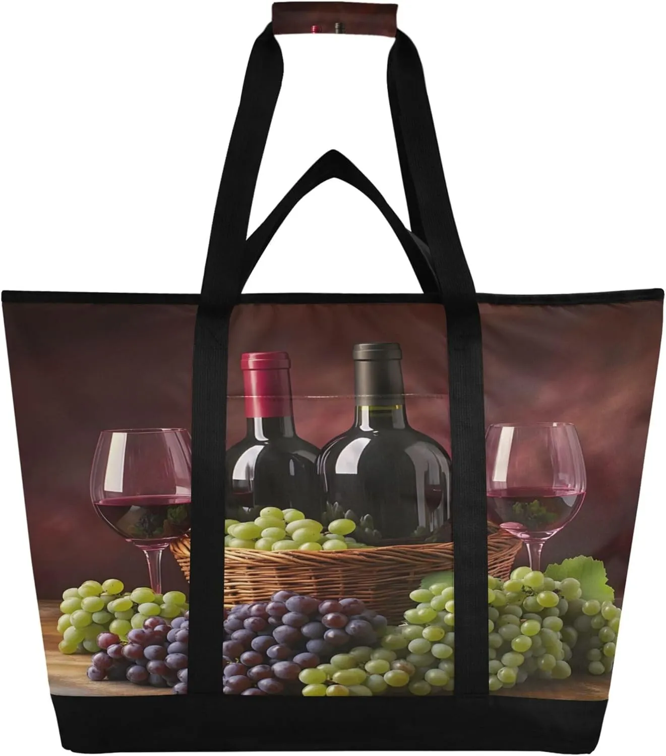 A Bottle of Red Wine Reusable Insulated Cooler Bag with Ice Pack Compartment - Large 47L Waterproof Thermal Grocery Tote for Picnic Beach Camping Lunch Storage