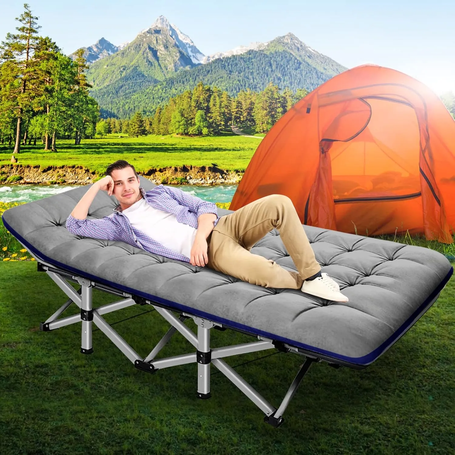 ABORON 2 Pack Folding Camping Cot W/Mat for Adults, Heavy Duty Outdoor Bed with Carry Bag,1200 D Layer Oxford Travel Camp Cots
