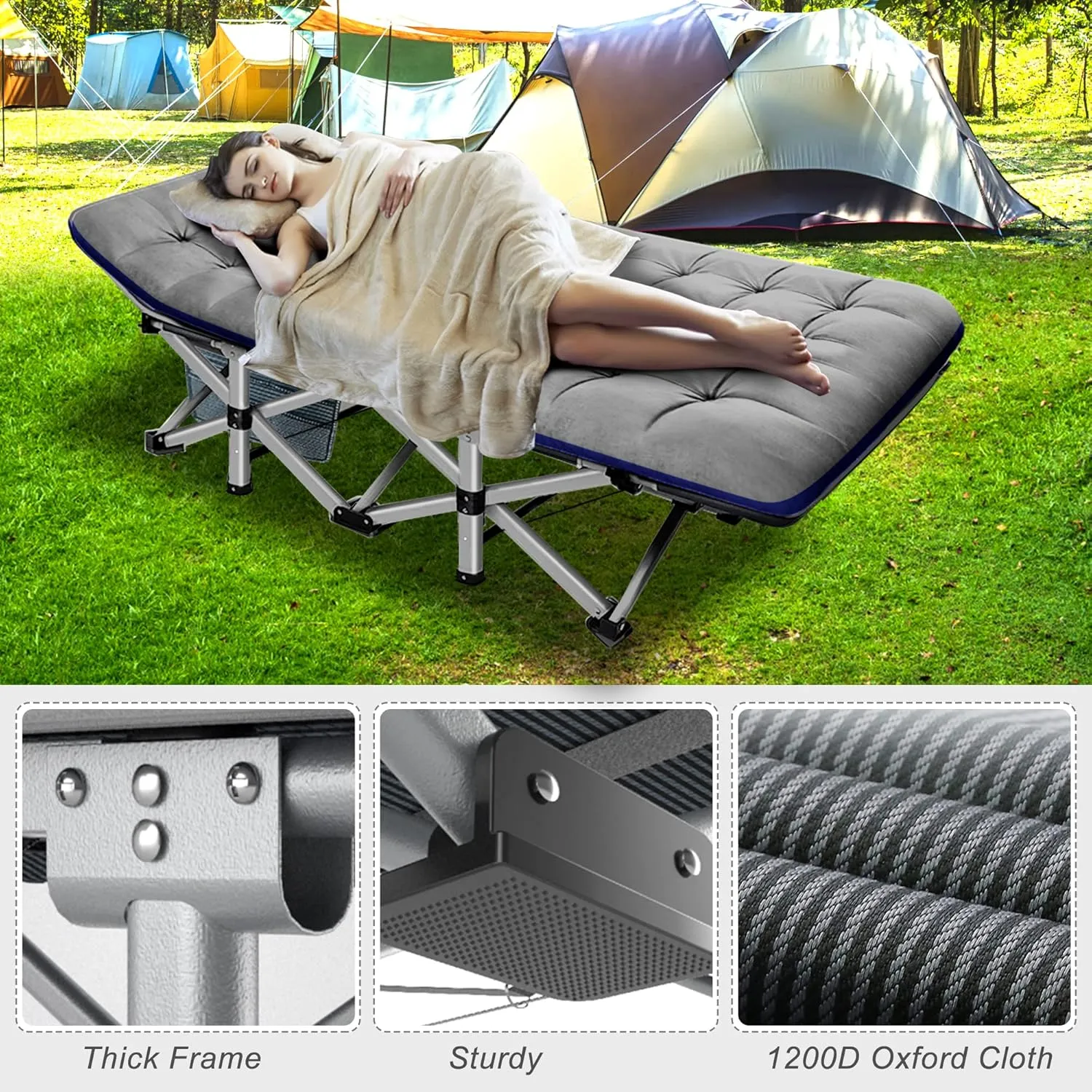 ABORON 2 Pack Folding Camping Cot W/Mat for Adults, Heavy Duty Outdoor Bed with Carry Bag,1200 D Layer Oxford Travel Camp Cots