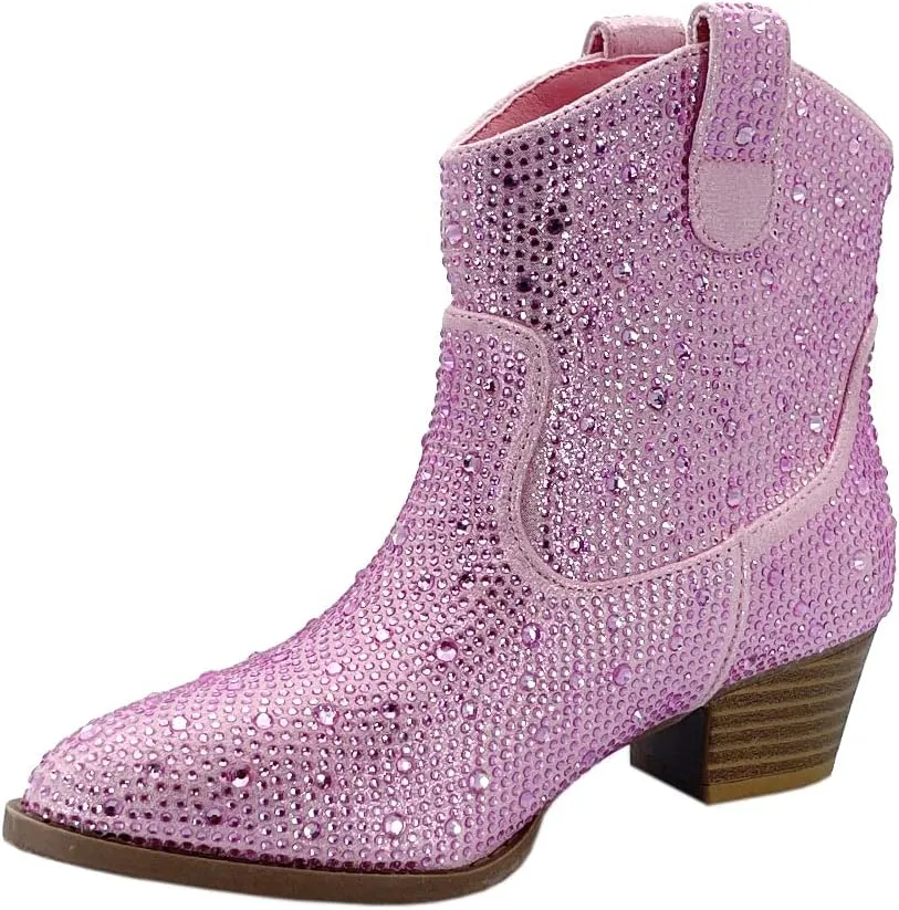 ABSOLEX Girl's Rhinestone Block Chunky Heel Ankle Bootie