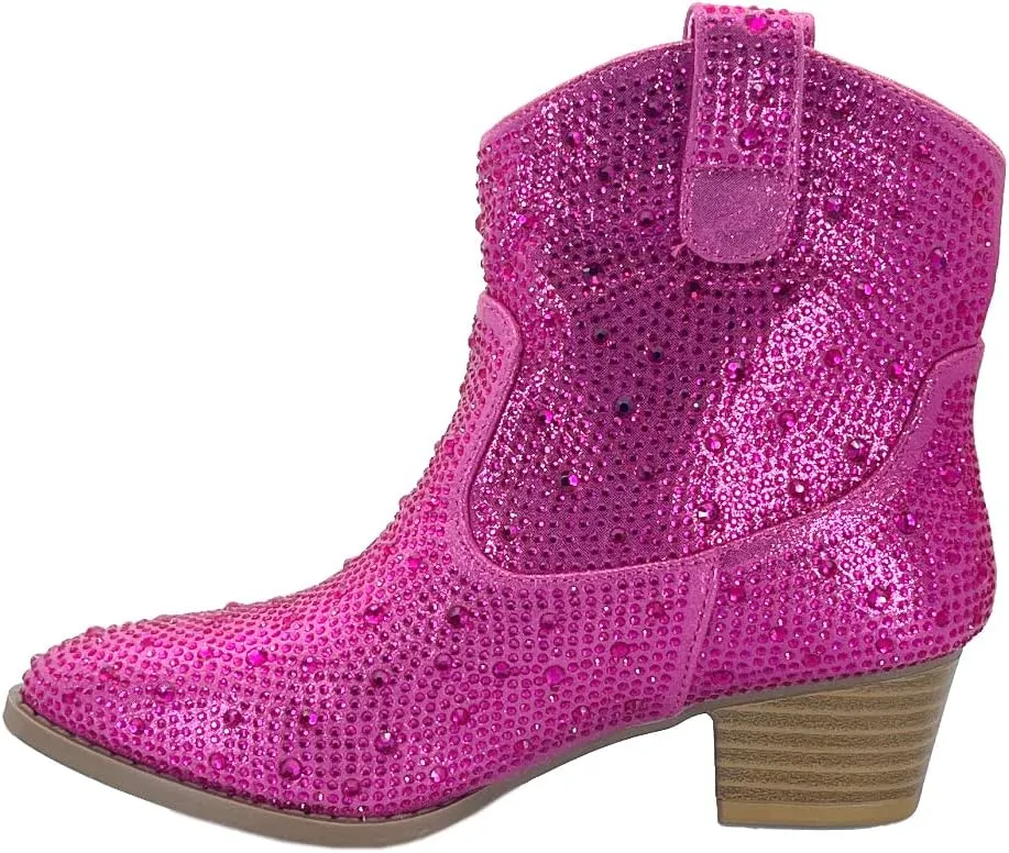 ABSOLEX Girl's Rhinestone Block Chunky Heel Ankle Bootie