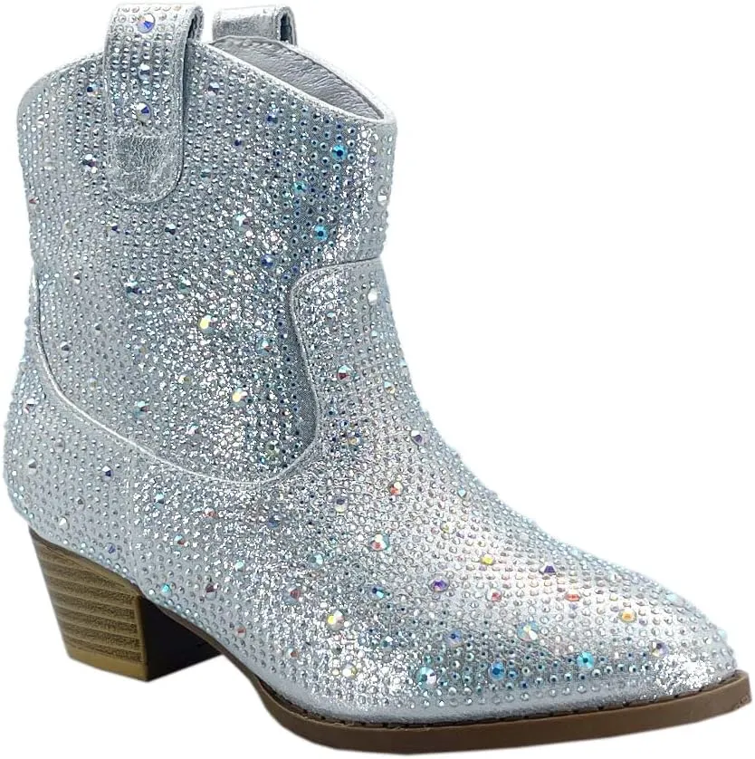 ABSOLEX Girl's Rhinestone Block Chunky Heel Ankle Bootie