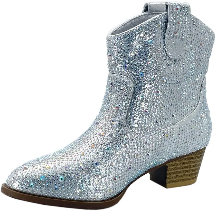 ABSOLEX Girl's Rhinestone Block Chunky Heel Ankle Bootie