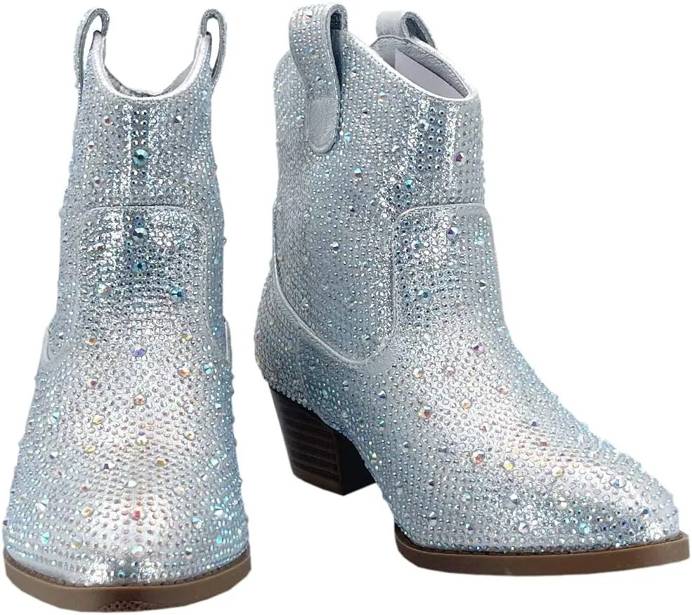 ABSOLEX Girl's Rhinestone Block Chunky Heel Ankle Bootie