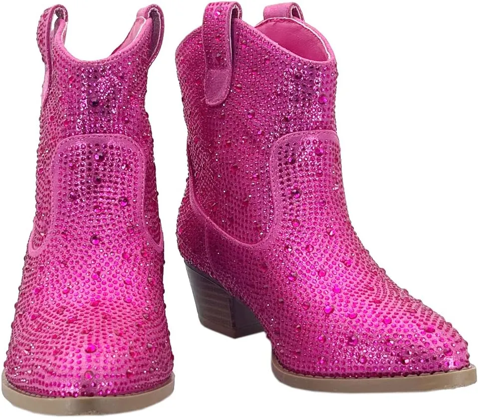 ABSOLEX Girl's Rhinestone Block Chunky Heel Ankle Bootie