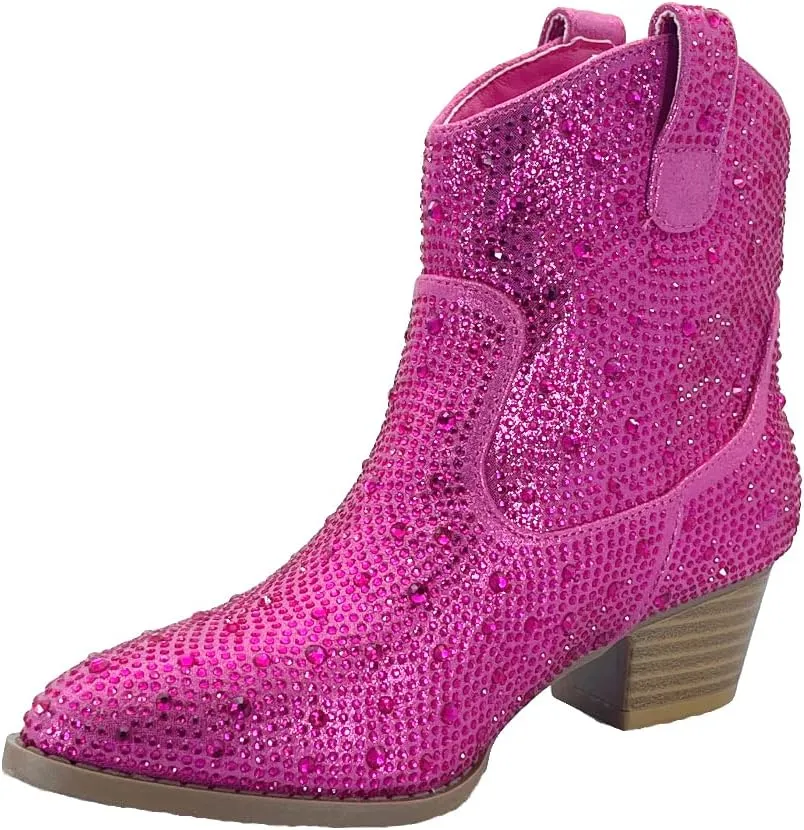 ABSOLEX Girl's Rhinestone Block Chunky Heel Ankle Bootie