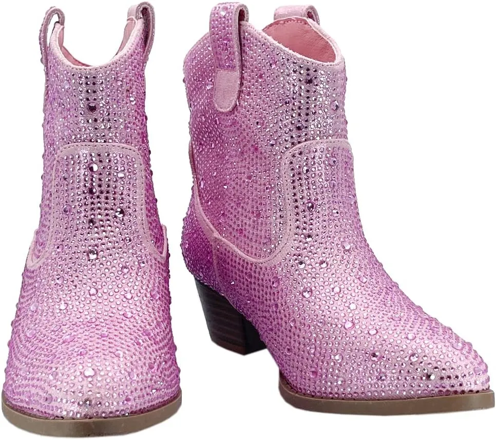 ABSOLEX Girl's Rhinestone Block Chunky Heel Ankle Bootie