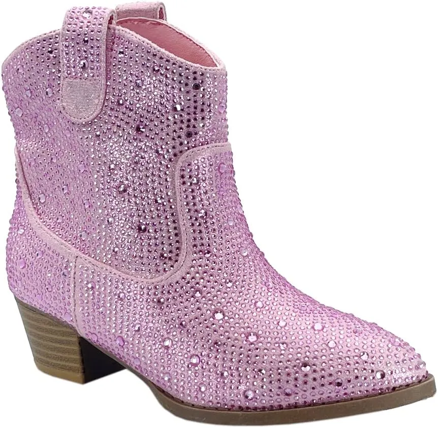 ABSOLEX Girl's Rhinestone Block Chunky Heel Ankle Bootie