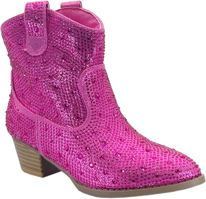 ABSOLEX Girl's Rhinestone Block Chunky Heel Ankle Bootie