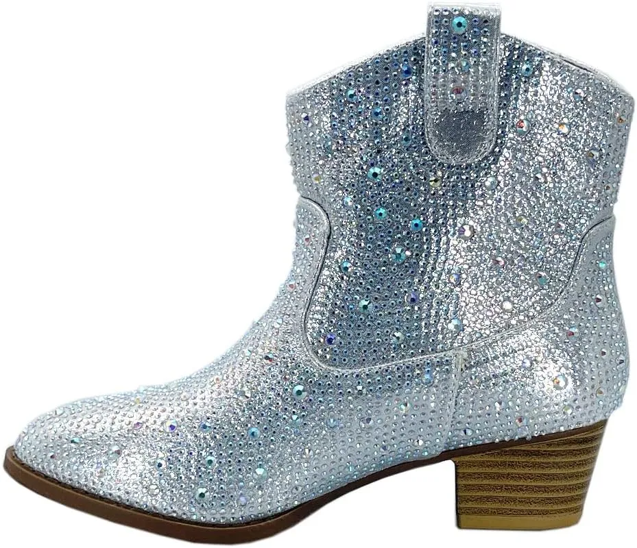 ABSOLEX Girl's Rhinestone Block Chunky Heel Ankle Bootie