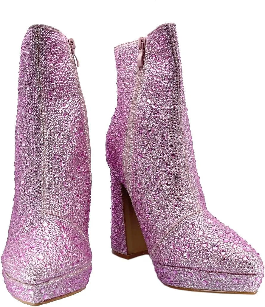 ABSOLEX Women Pointed Toe Rhinestone Platform Ankle High Chunky Block High Heel Bootie