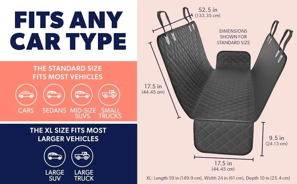 Active Pets Dog Car Seat Cover for Back Seat, Waterproof Pet Hammock Protector, Durable Nonslip Seat Protection SUV Truck, Standard 53"x56", Black