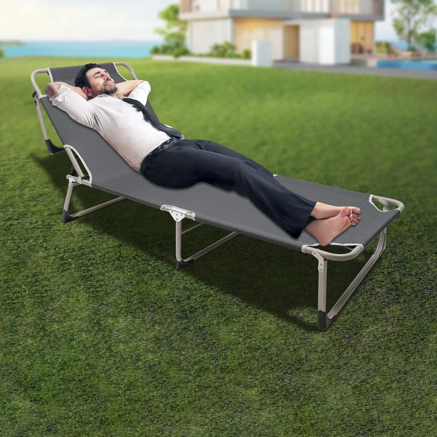 Adjustable Folding Camping Cot, Portable Camping Cot with Pillow, Extra Wide Bed Top, Suitable for Travel, Outdoor Camping, Office Use (Gray)