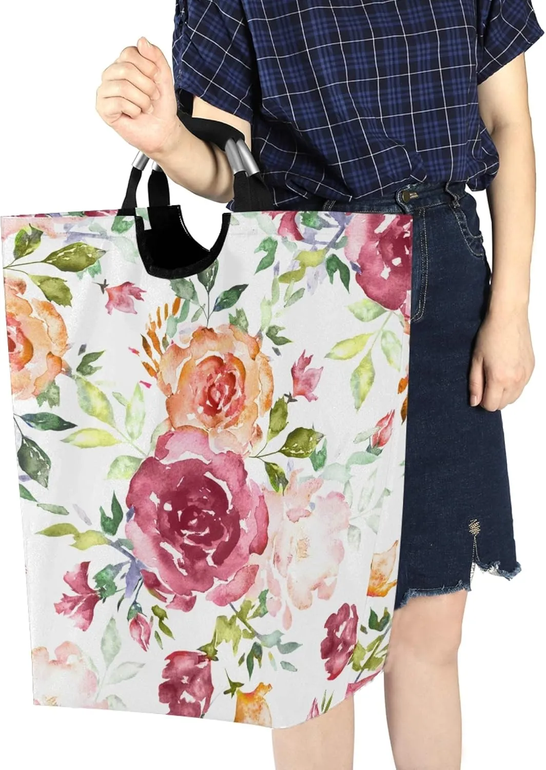 ALAZA Watercolor Pink Rose Flower Large Laundry Hamper Basket Laundry Bag Collapsible Oxford Cloth Stylish Home Storage Bin with Handles, 22.7 Inch
