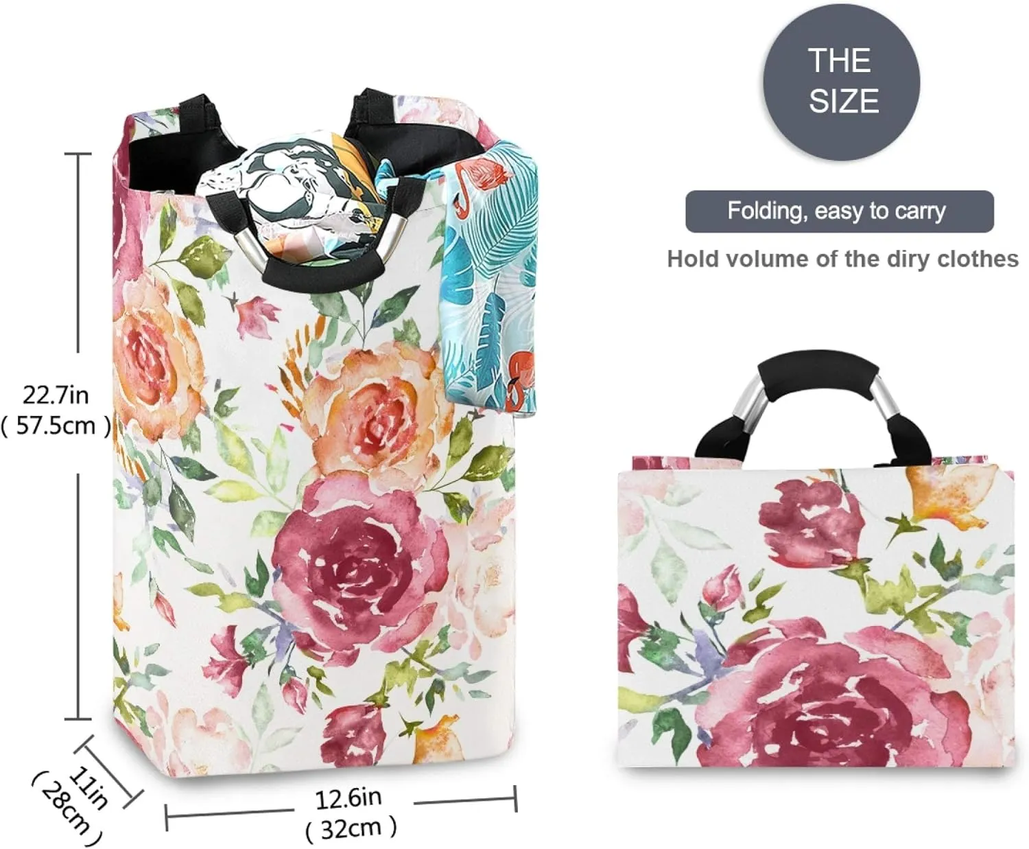 ALAZA Watercolor Pink Rose Flower Large Laundry Hamper Basket Laundry Bag Collapsible Oxford Cloth Stylish Home Storage Bin with Handles, 22.7 Inch