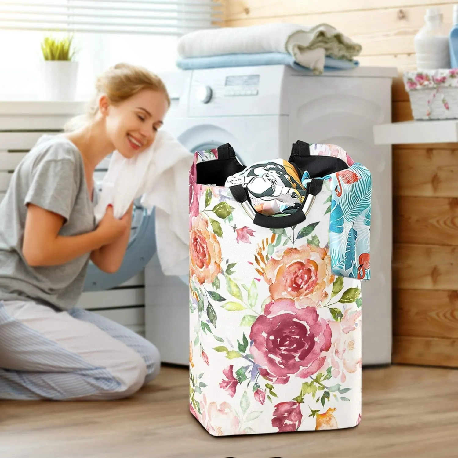 ALAZA Watercolor Pink Rose Flower Large Laundry Hamper Basket Laundry Bag Collapsible Oxford Cloth Stylish Home Storage Bin with Handles, 22.7 Inch