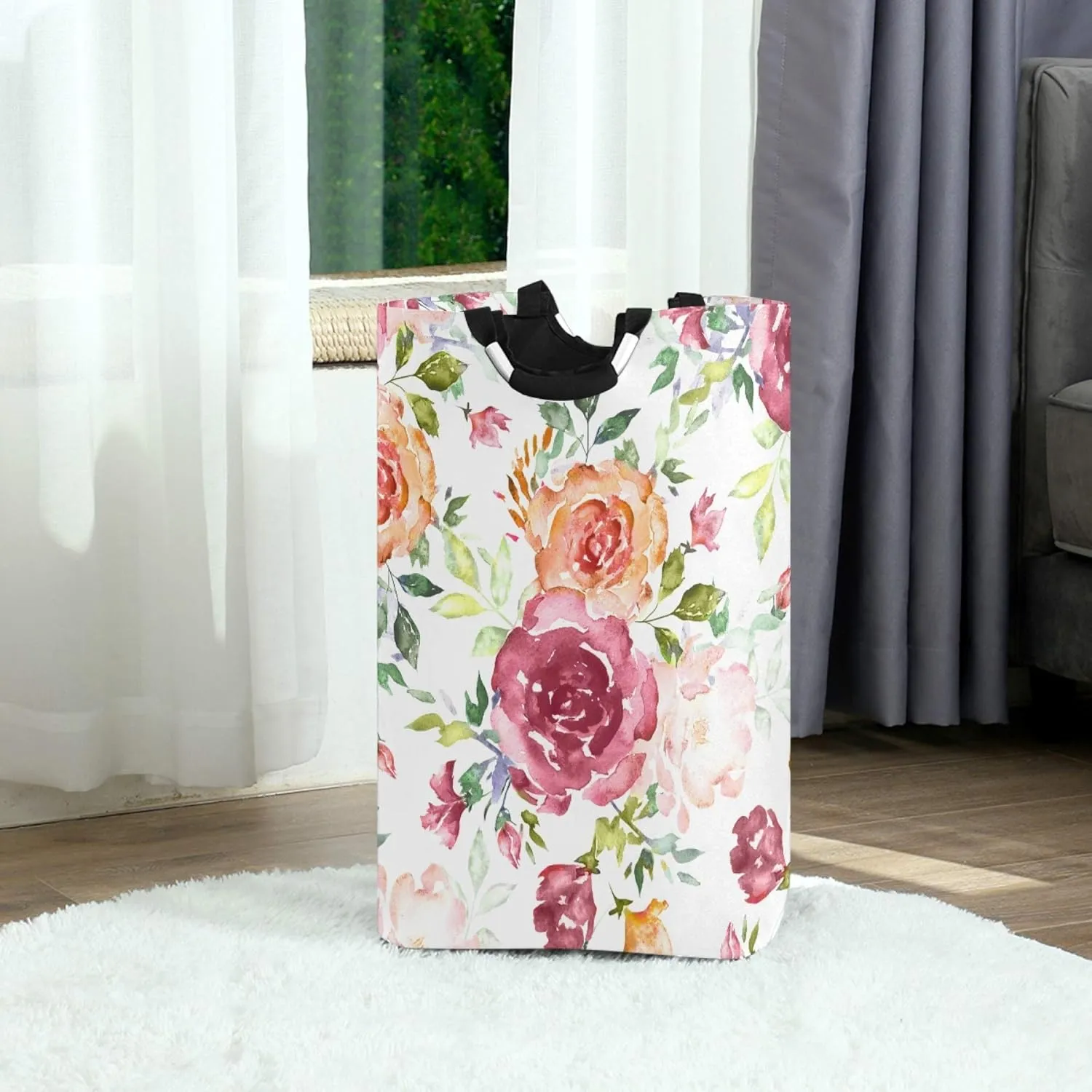 ALAZA Watercolor Pink Rose Flower Large Laundry Hamper Basket Laundry Bag Collapsible Oxford Cloth Stylish Home Storage Bin with Handles, 22.7 Inch