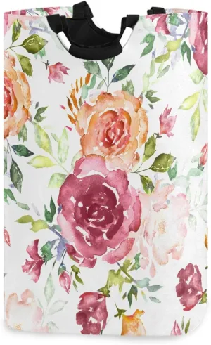 ALAZA Watercolor Pink Rose Flower Large Laundry Hamper Basket Laundry Bag Collapsible Oxford Cloth Stylish Home Storage Bin with Handles, 22.7 Inch